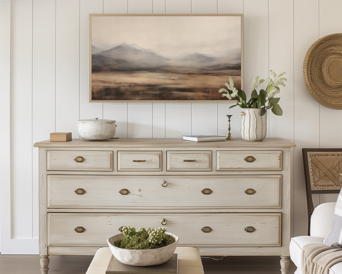 Mountain Landscape Frame TV Art, Neutral Abstract Minimal Painting Wallpaper