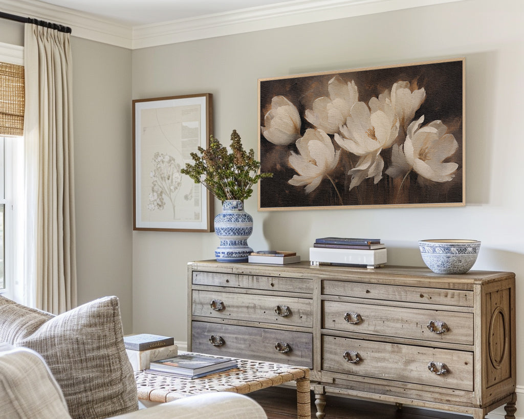 Tulips Frame TV Art, Neutral Flower Wallpaper