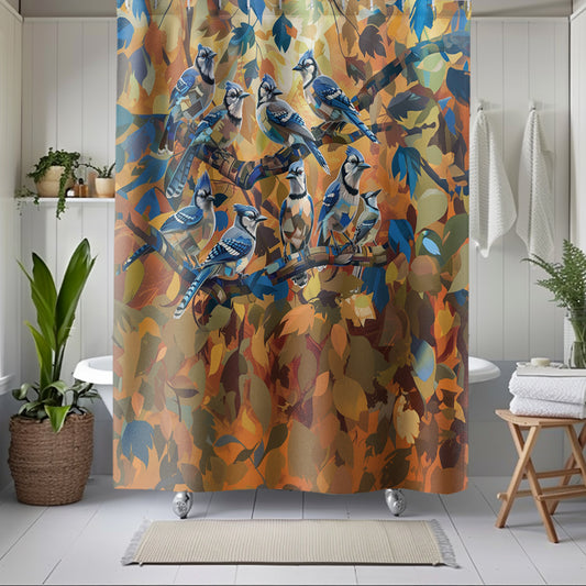 Abstract Blue Jay Birds Shower Curtain Autumn Bathroom Decor