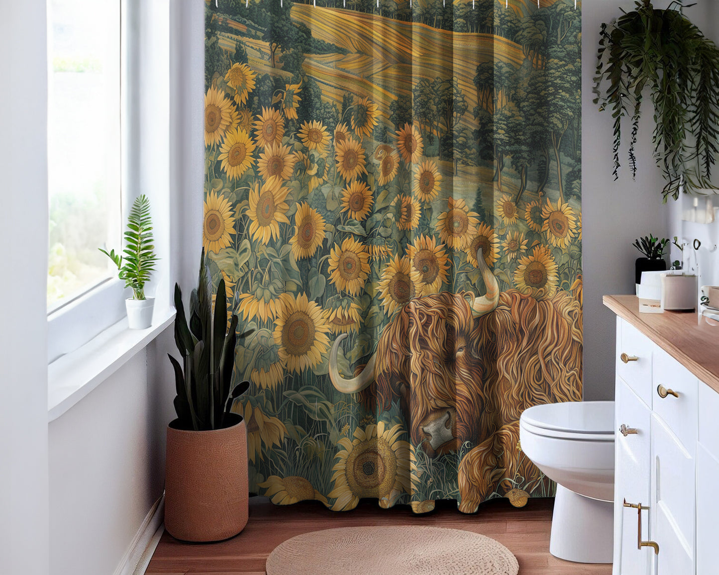 Sleepy Highland Cattle Sunflower Meadow Home Decor Shower Curtain 71" x 74"
