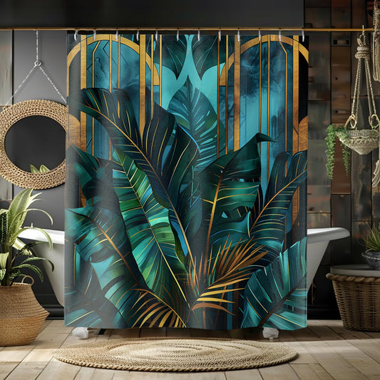 Tropical Monstera Palm Art Deco Style Shower Curtain Bathroom Decor
