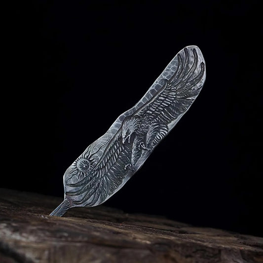 Silver Eagle Pendant AU999 24K Gold Accent, Unique Engraved Feather Pendant