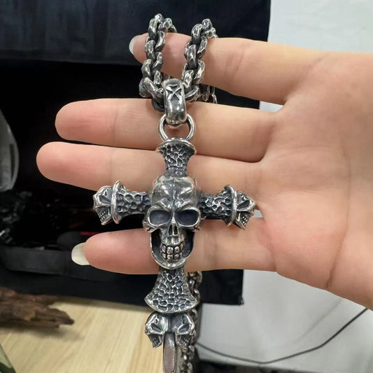 Five Skull Cross Dagger Pendant, Biker Necklace Pendant