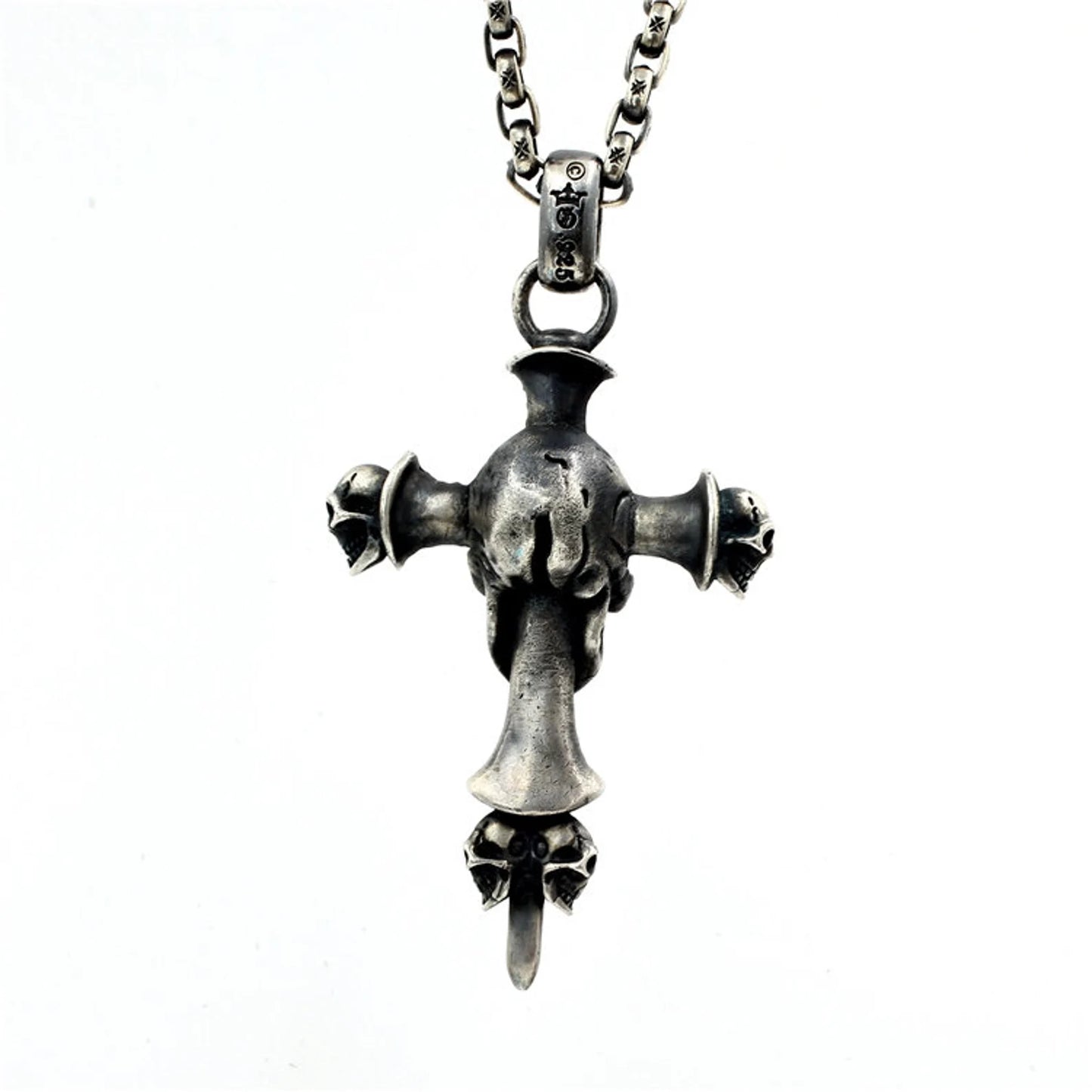 Five Skull Cross Dagger Pendant, Biker Necklace Pendant