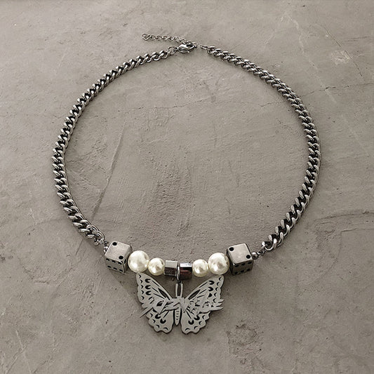 So Vibe Butterfly Pearl and Dice Link Chain Stainless Steel Necklace KPOP TikTok Style