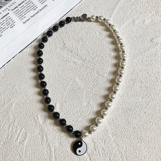 Tai-Chi Yin and Yang Pearl Onyx Beaded Stainless Steel Necklace KPOP TikTok Style