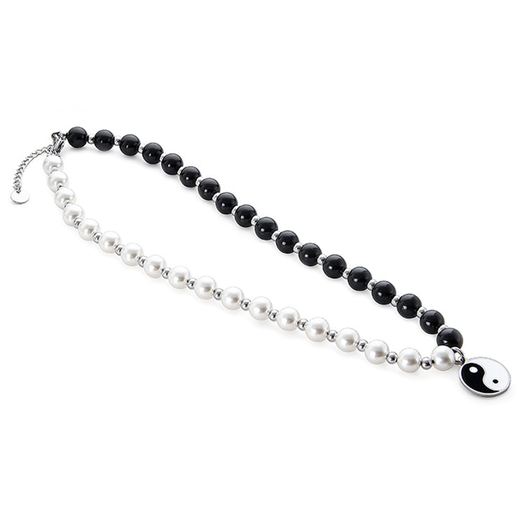 Tai-Chi Yin and Yang Pearl Onyx Beaded Stainless Steel Necklace KPOP TikTok Style
