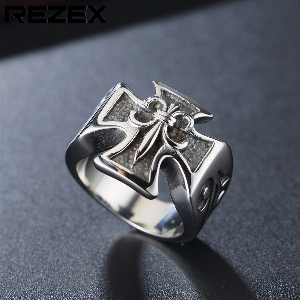 Gothic Fleur de Lis Cross Stainless Steel Ring