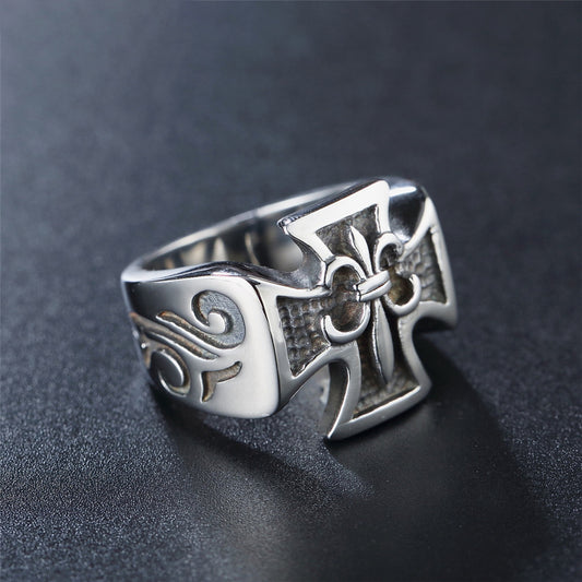 Gothic Fleur de Lis Cross Stainless Steel Ring