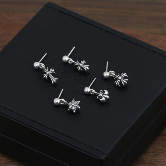 Silver Floral Cross Fleur De Lis Dangle Stud Earring