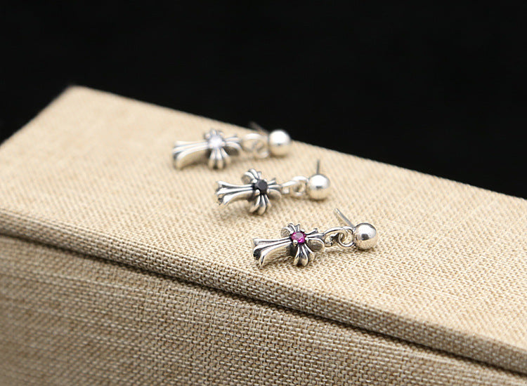 Floral Cross with CZ Stud Dangle Drop Earring