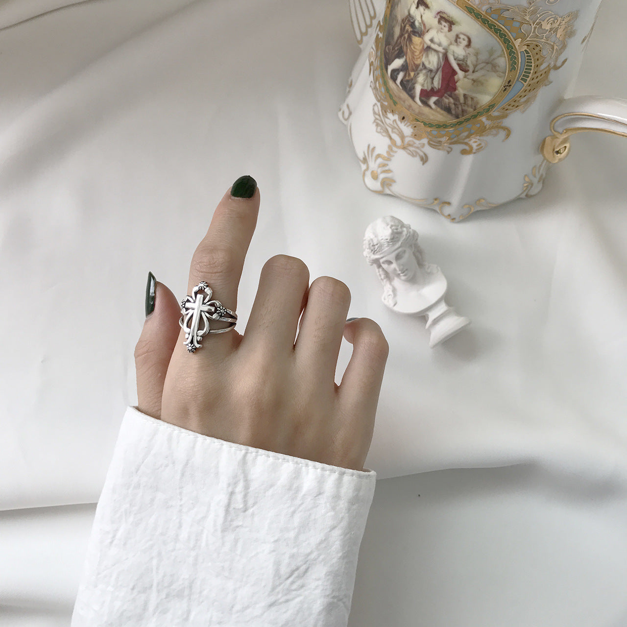 Silver Cross Ring, Cross Floral Ring, Pinky Ring, Gothic Ring, Boho Ring, Religious Jewelry, Religious Gift