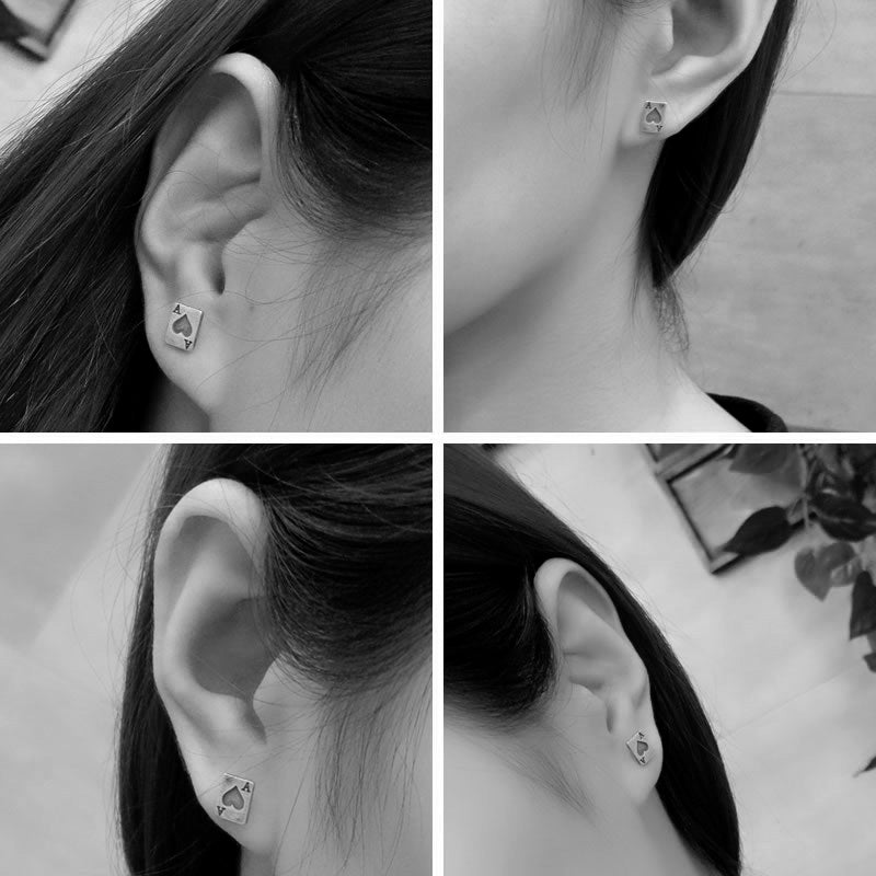 Poker Card Ace Heart Silver Stud Earrings