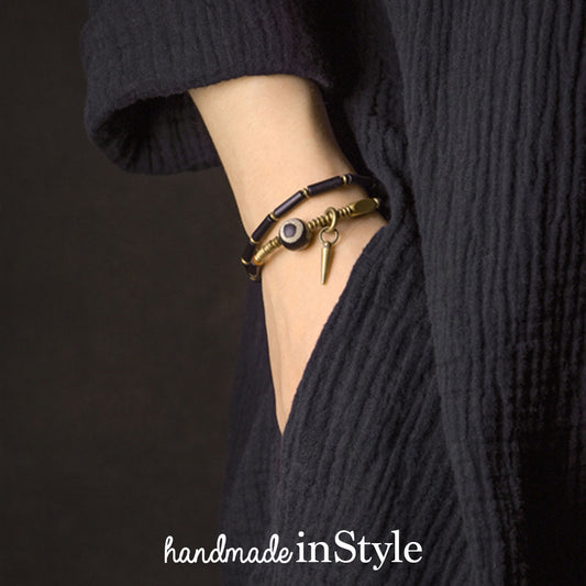 Tibetan DZI Bead X Matte Onyx, Brass Charms Wrap Bracelet
