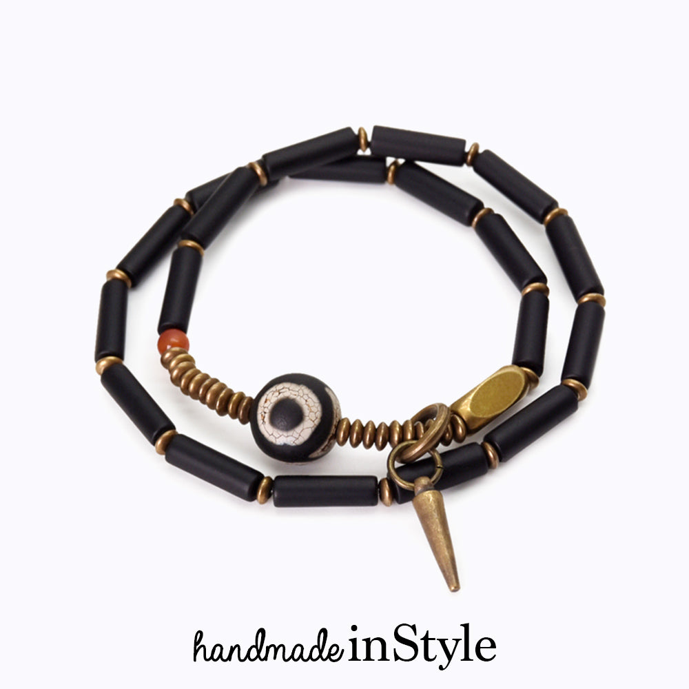 Tibetan DZI Bead X Matte Onyx, Brass Charms Wrap Bracelet