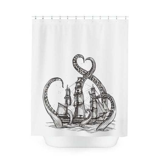 Octopus and Ship Line Art Shower Curtain