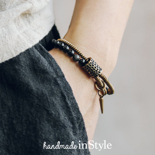 6mm Rainbow Obsidian X Hammered Brass Bead Bracelet, Wrap Bracelet