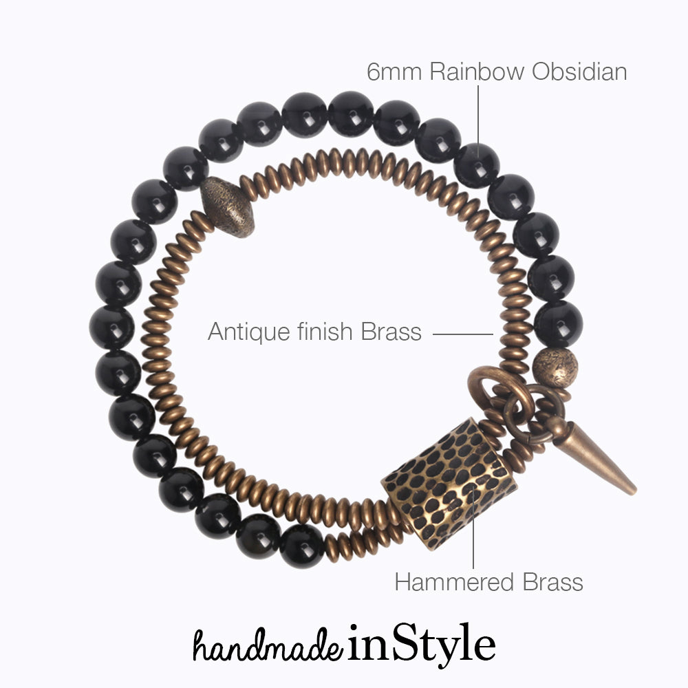 6mm Rainbow Obsidian X Hammered Brass Bead Bracelet, Wrap Bracelet