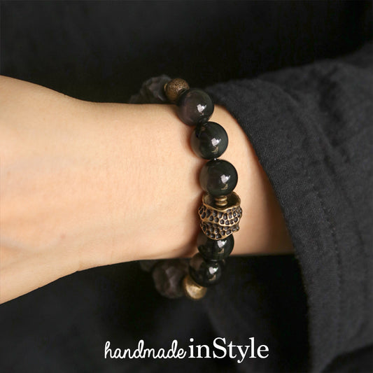 Hammered Ebony Bead with 10mm Natural Obsidian Bracelet, Brass Parts, Gift for Her, Gift for Him, Couples Gift