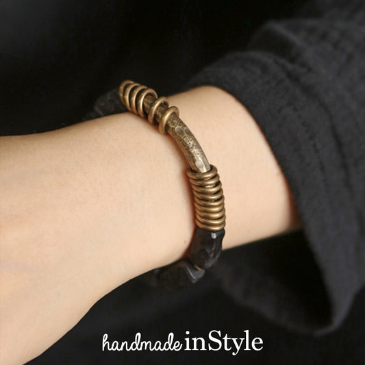Hammered Ebony Wood Beads Brass Ring Tube Bracelet, Gift for Her, Gift for Him, Couples Gift