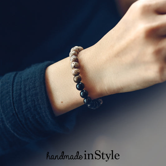 8mm Natural Obsidian X Pipal Tree Seed Bracelet, Brass Parts, Natural Starmoon Bodhi Barrel Beads