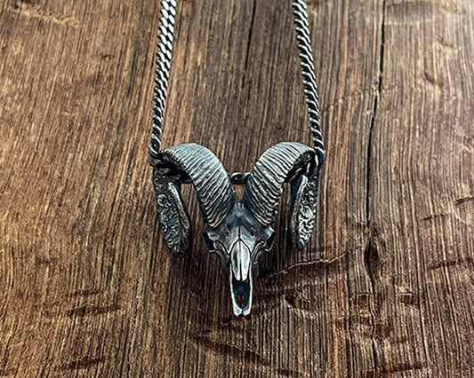 Silver Ram Head Pendant Sterling Silver Ram Skull Amulet Horn Pendant