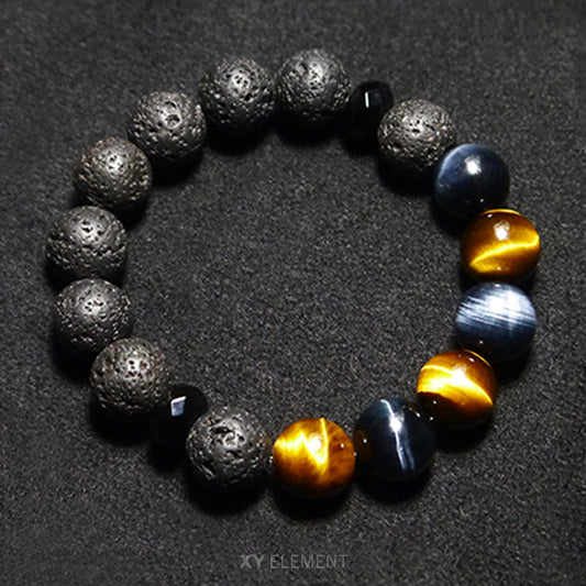 12mm AAA Grade Blue/Yellow Tigers Eye Lava Stone and Diamond-cut Agate Bracelet