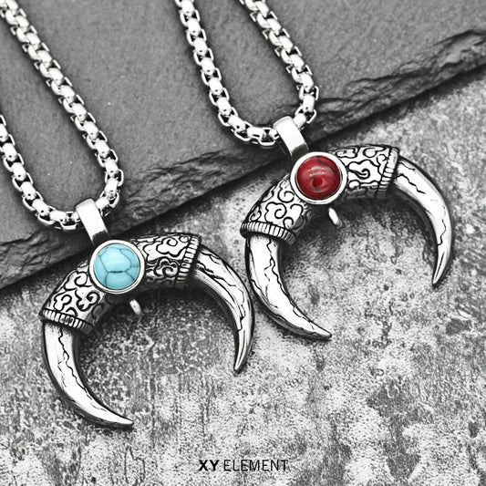 OX Horn Turquoise Decal Stainless Steel Pendant Necklace
