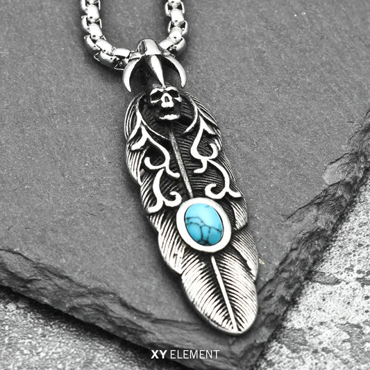 Stainless Steel Tribal Skull Feather Necklace