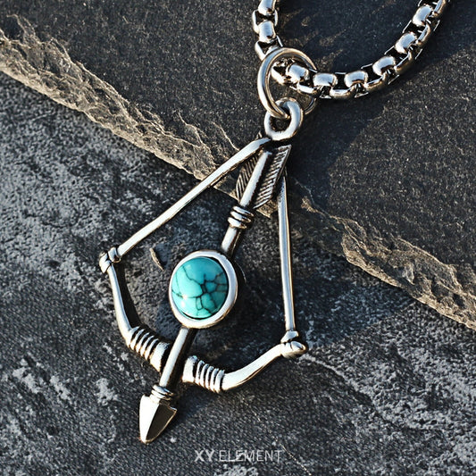 Bow and Arrow Turquoise Stainless Steel Pendant Necklace
