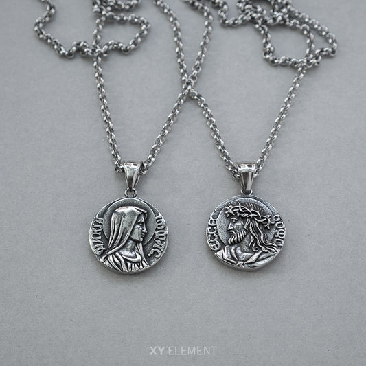 Virgin Mary and Jesus Christ Two-sided Pendant Necklace
