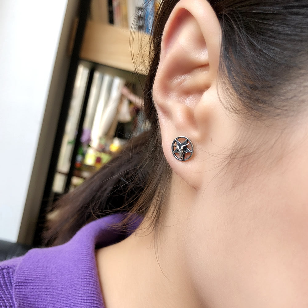 Goat Star Circle Silver Stud Earrings