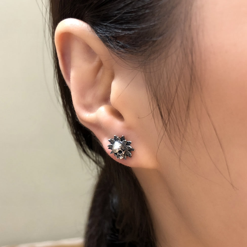 Sunflower Skull Stud Earrings, Sterling Silver Studs, Gothic Punk Earrings