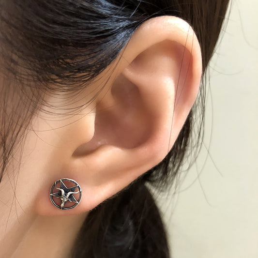 Goat Star Circle Silver Stud Earrings