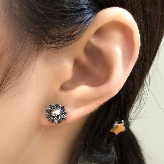 Sunflower Skull Stud Earrings, Sterling Silver Studs, Gothic Punk Earrings