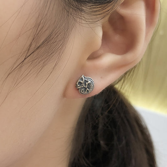 Silver Chameleon Skeleton Skull Stud Earring