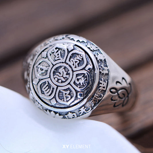 Buddhist Mantra Lotus Ring Solid 925 Sterling Silver