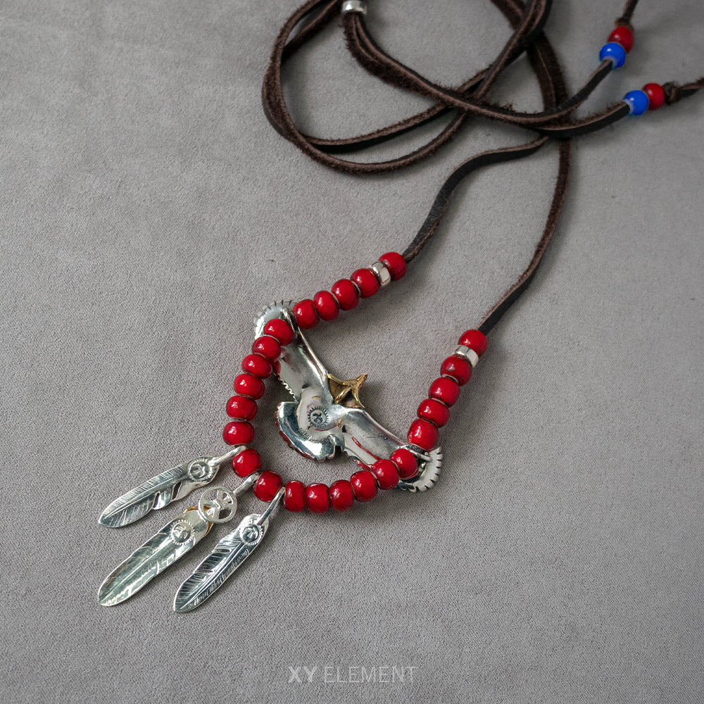 Silver Spread Eagle Feather Charms Japanese Glass Beads Deer Leather Necklace