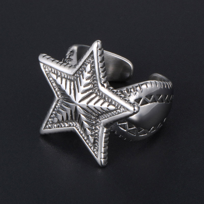 Stainless Steel Depp Star Wide Band Ring