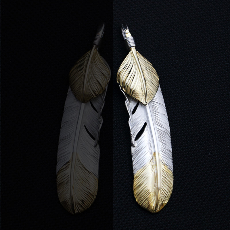 Silver Gold Top Feather Pendant, Japanese Design, Native American Inspired