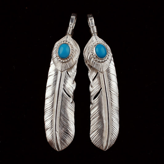Feather with Natural Turquoise Pendant, Japanese Design, Native American Inspired
