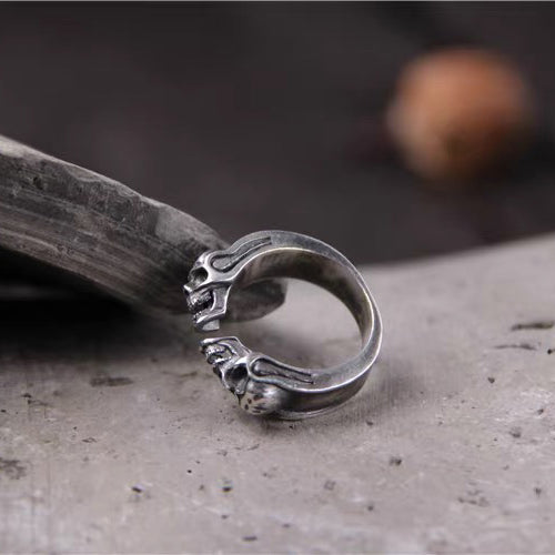 Silver Double Skull Open Ring