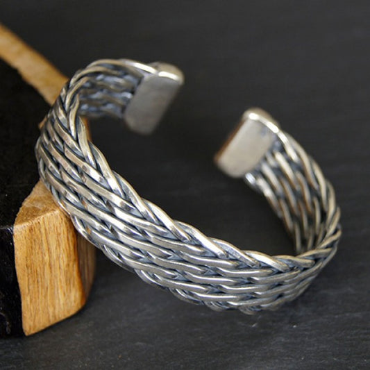 Silver Braided Cuff Bangle Bracelet