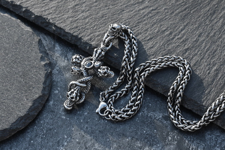 Snake Skull on Cross Stainless Steel Necklace