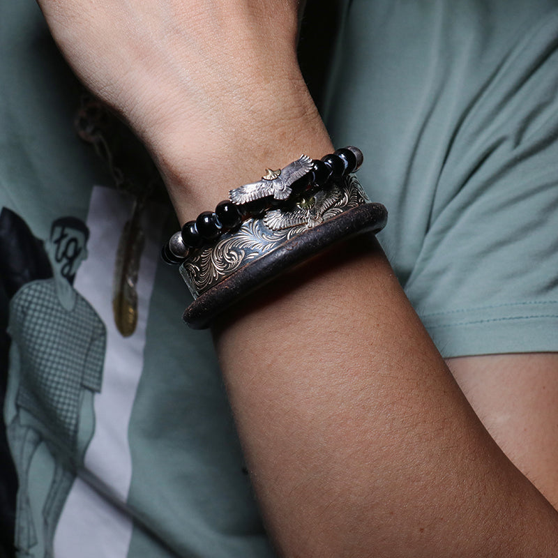 Takahashi Goro's Style Glaze Beads Solid Silver Spared Eagle Bracelet