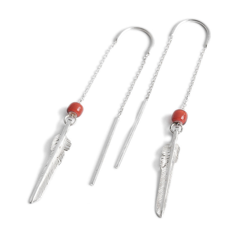 Silver Feather Dangle Threader Earrings
