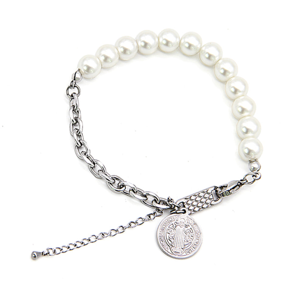 Saint Benedict Medal Pearl Link Chain Bracelet Stainless Steel Hip-Hop KPOP TikTok Style