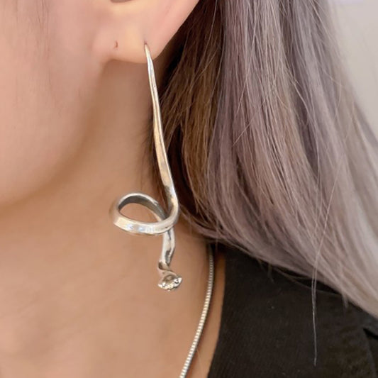 Silver Serpent Python Coiled Snake Dangle Earring