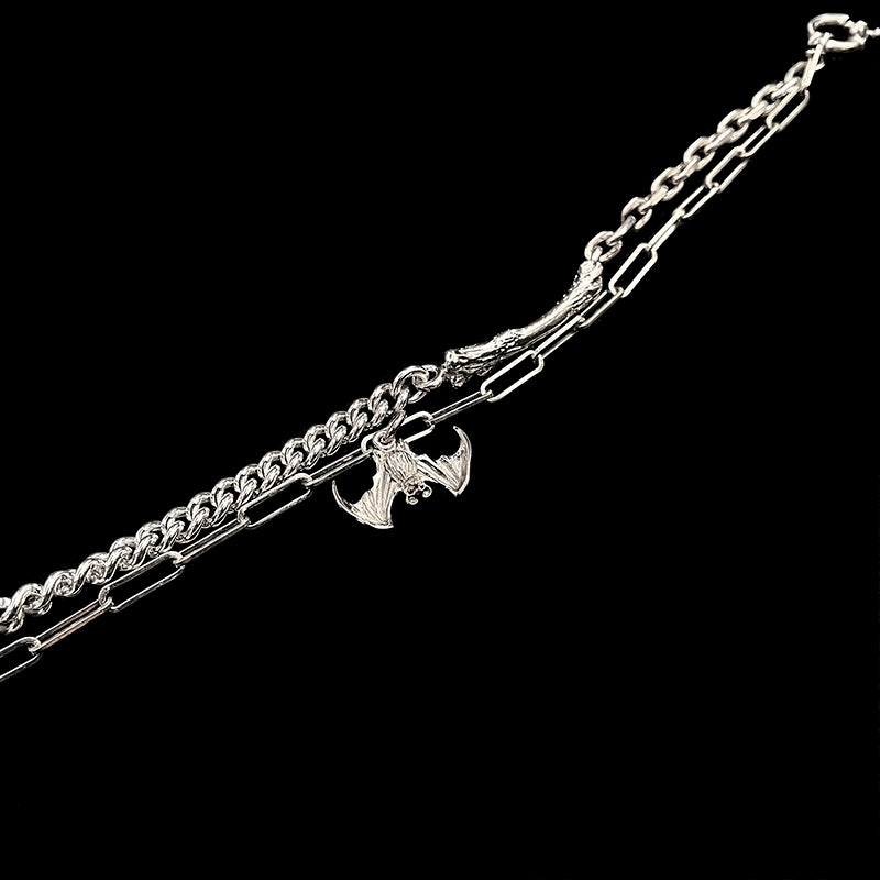 Silver Bat and Bone Multi-layered Chain Bracelet