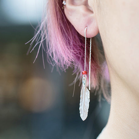 Silver Feather Dangle Threader Earrings
